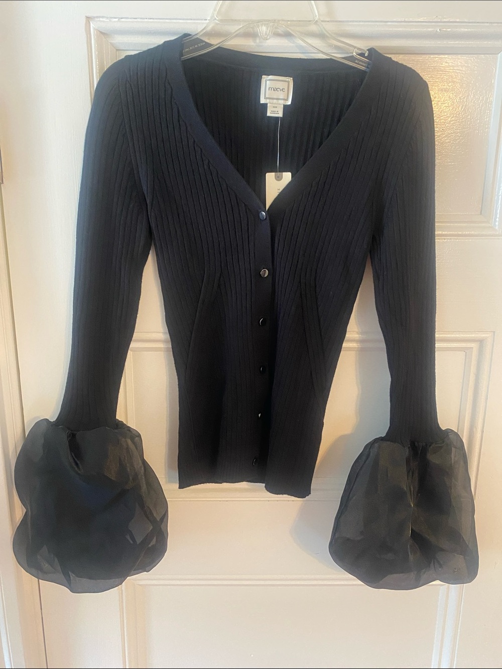 Maeve Black Ribbed Cardigan with Sheer Puff Cuffs